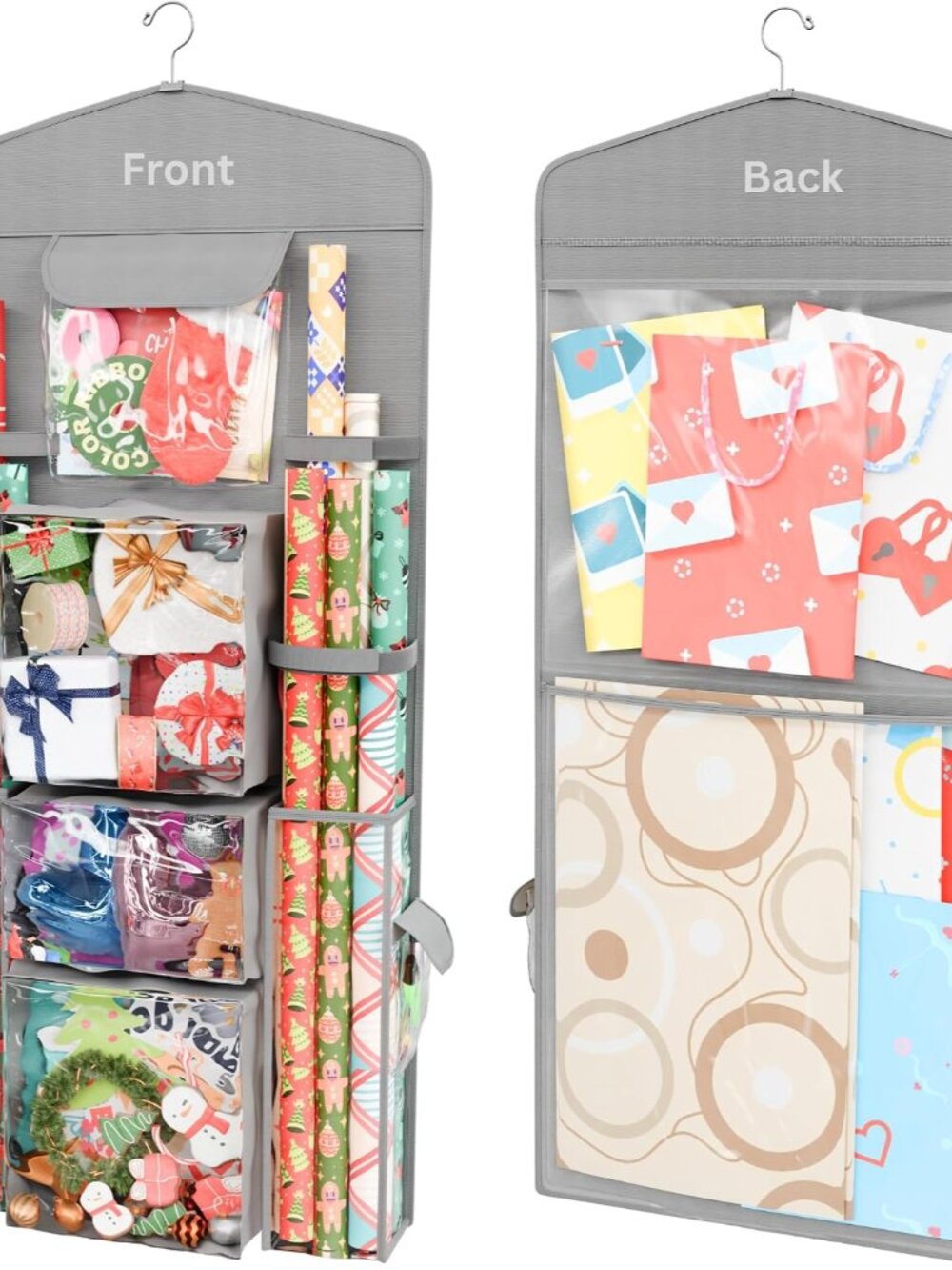 Hanging Double Sided Christmas Gift Wrapping Paper Storage Organizer With Multip